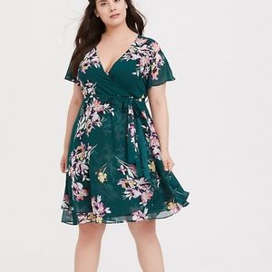 Green Floral Chiffon Wrap Dress